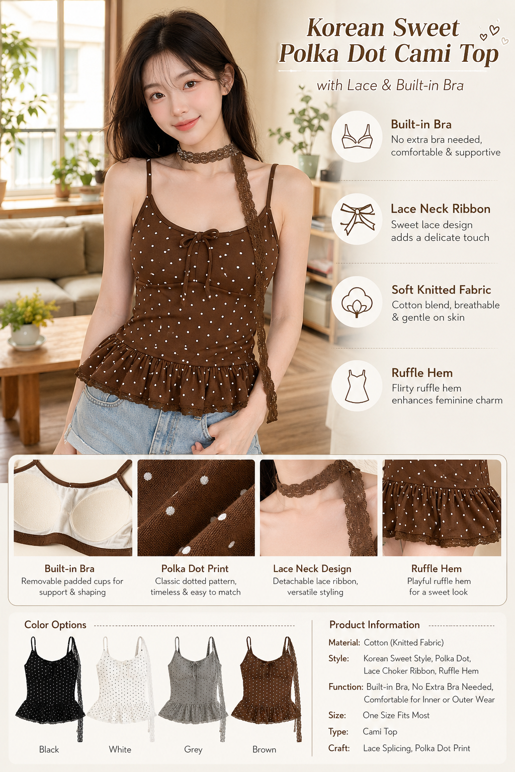 Polka Dot Lace Cami Top with Built-in Bra