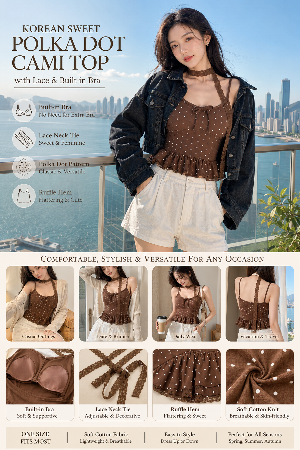 Polka Dot Lace Cami Top with Built-in Bra