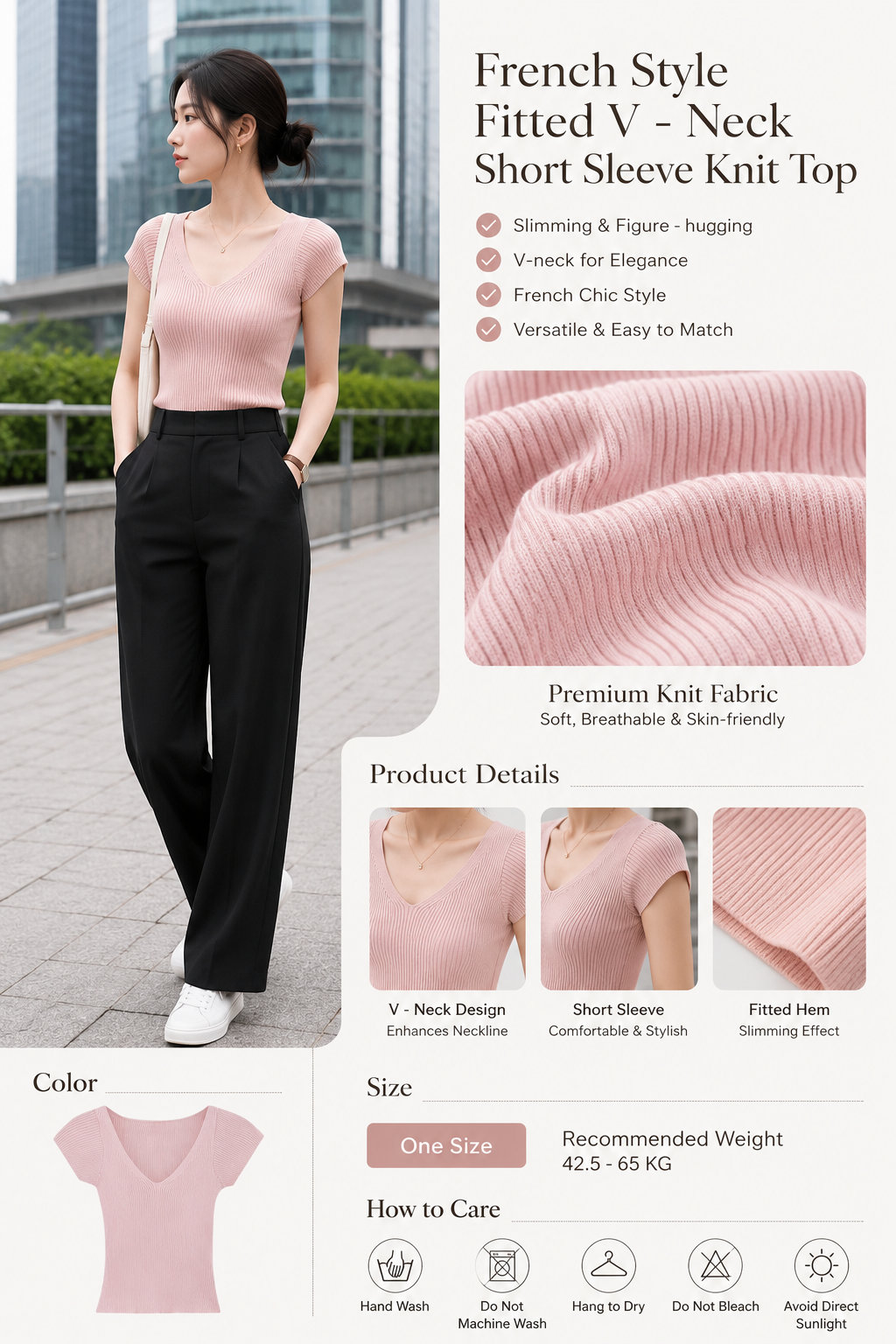 French Fitted V-Neck Knit Top