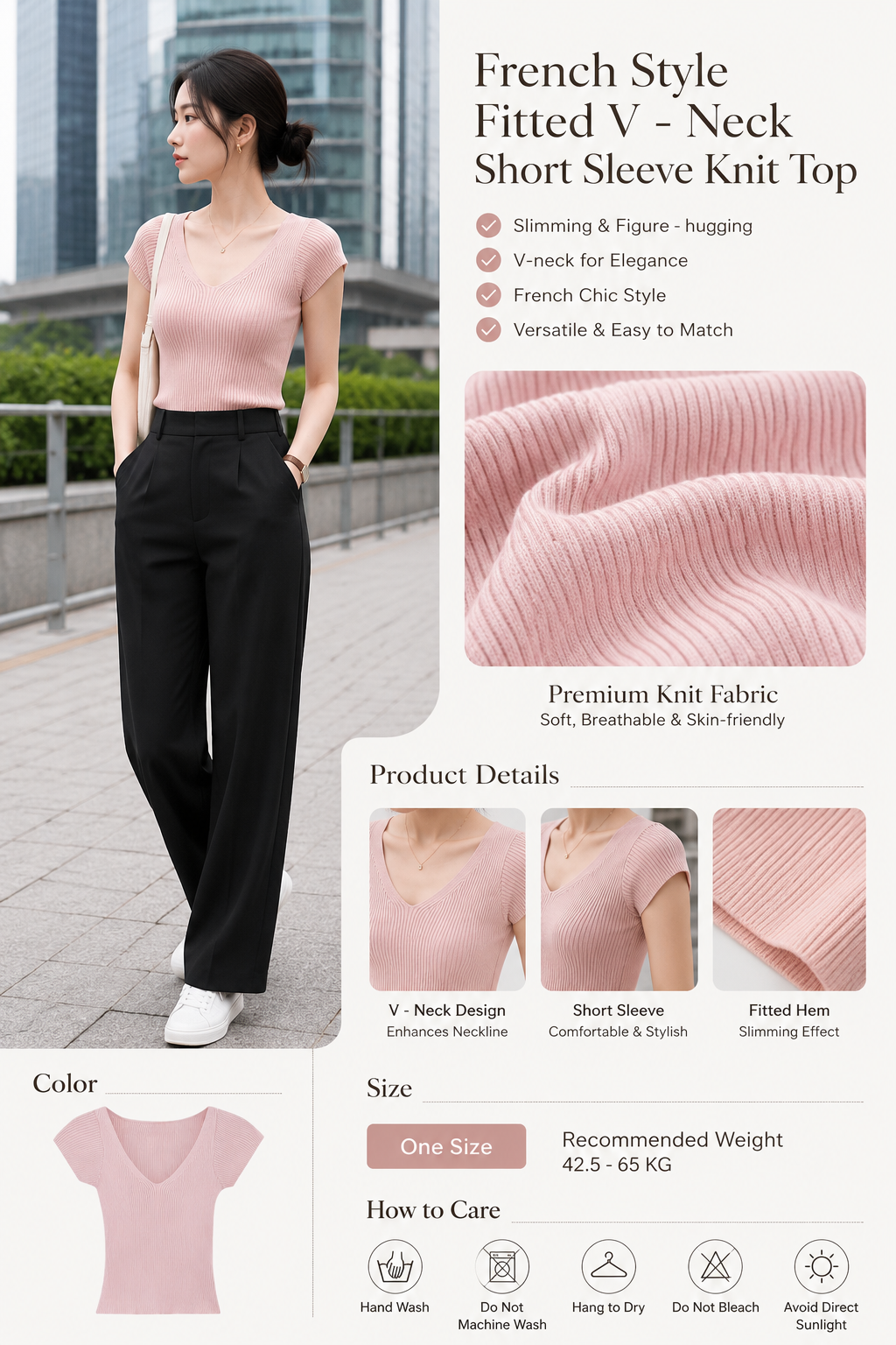 French Fitted V-Neck Knit Top