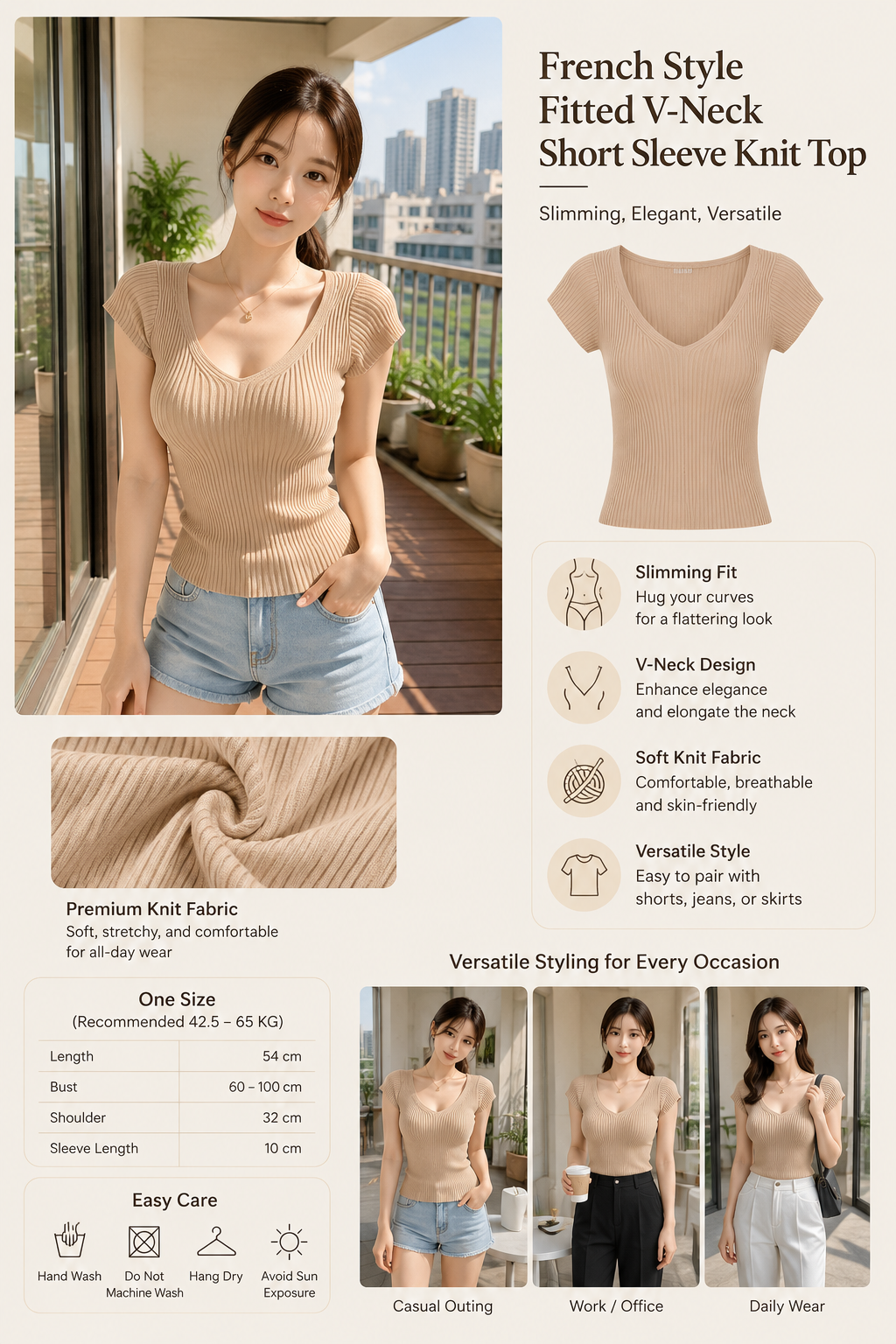French Fitted V-Neck Knit Top