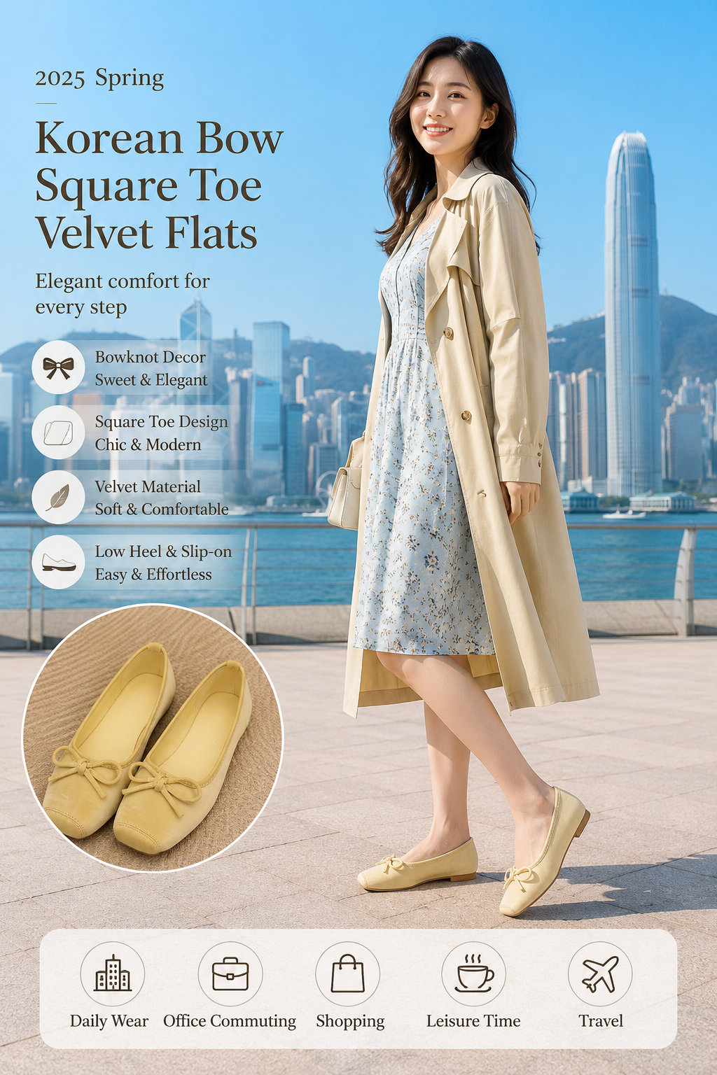 Velvet Bow Low Heel Lady Shoes