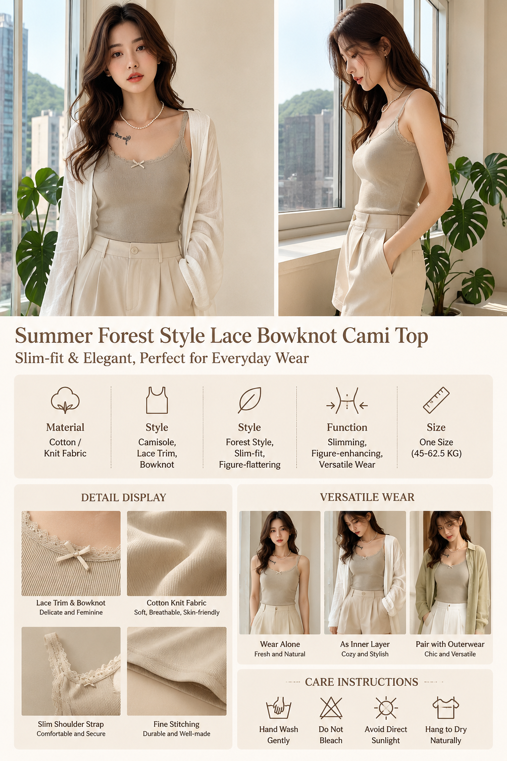Women's Lace Bow Slim Cami Tank Top