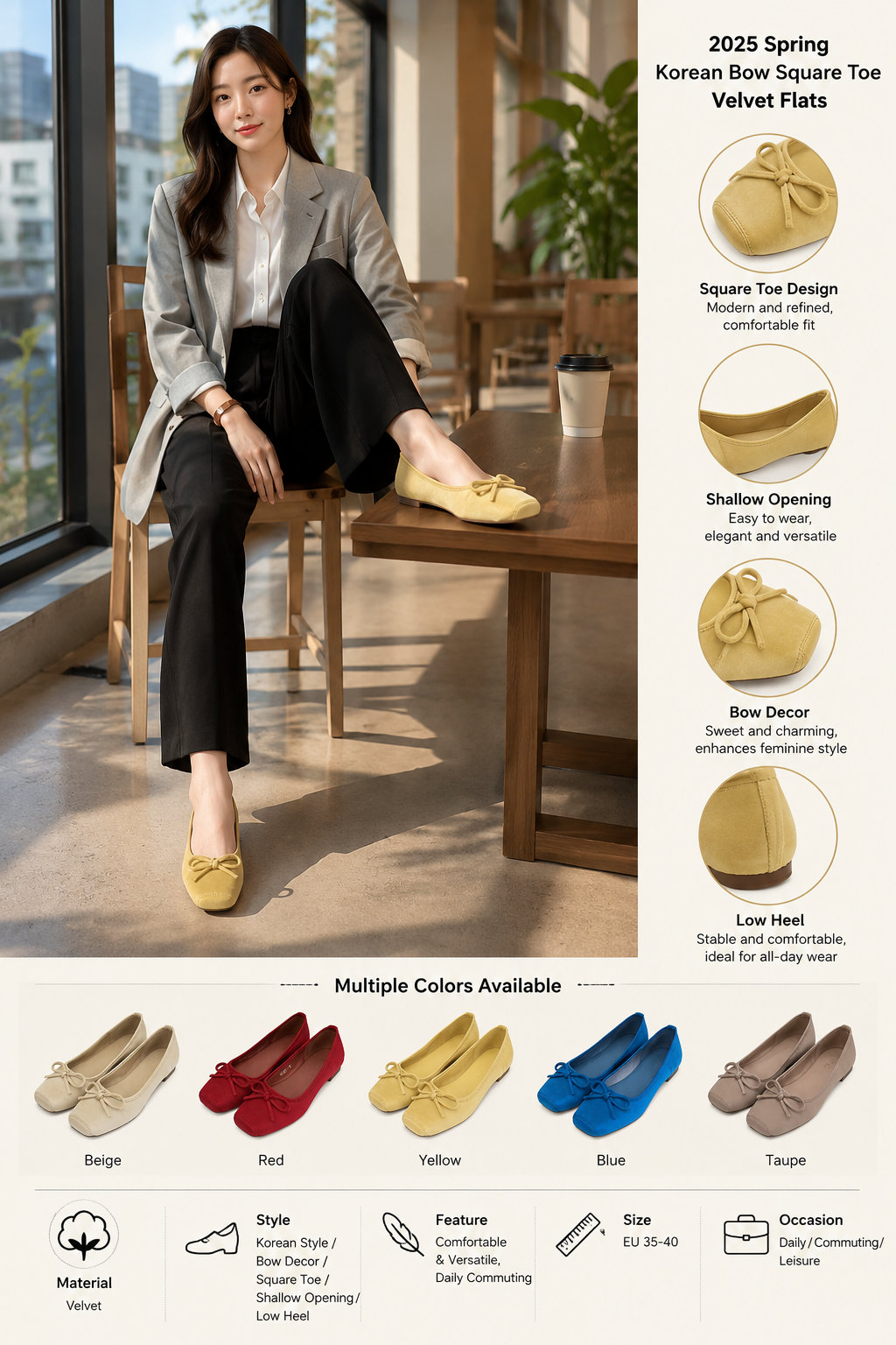 Velvet Bow Low Heel Lady Shoes