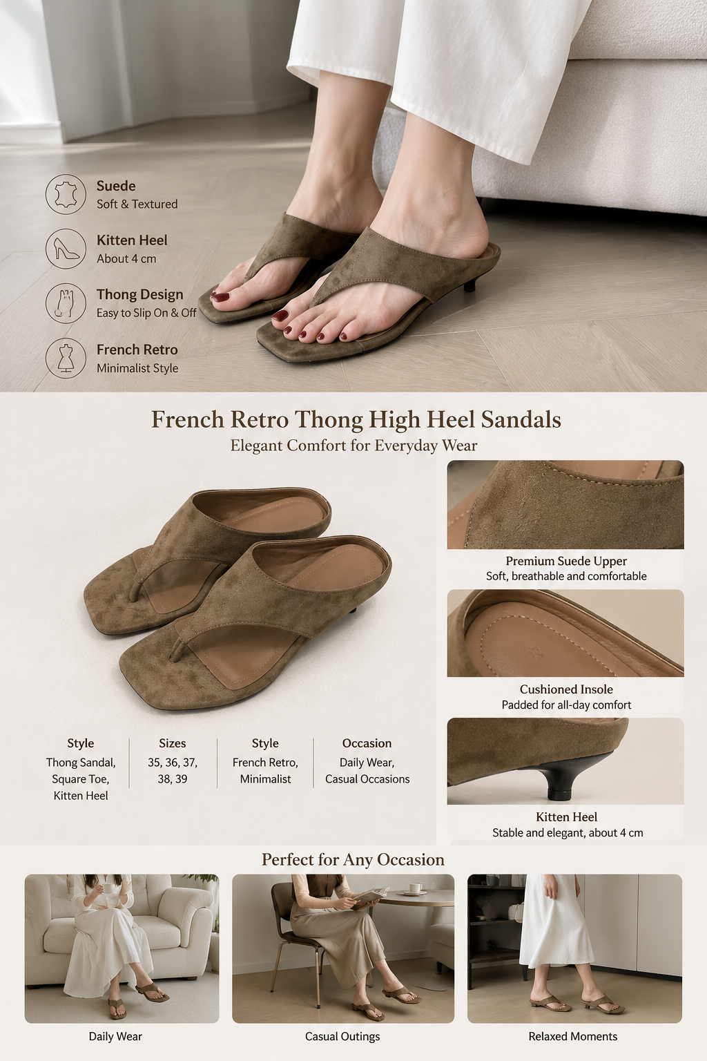 French Retro Kitten Heel Thong Sandals