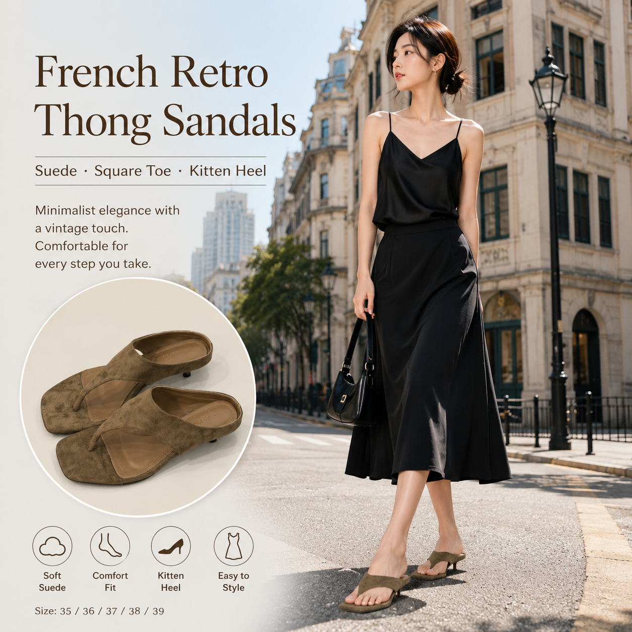 French Retro Kitten Heel Thong Sandals