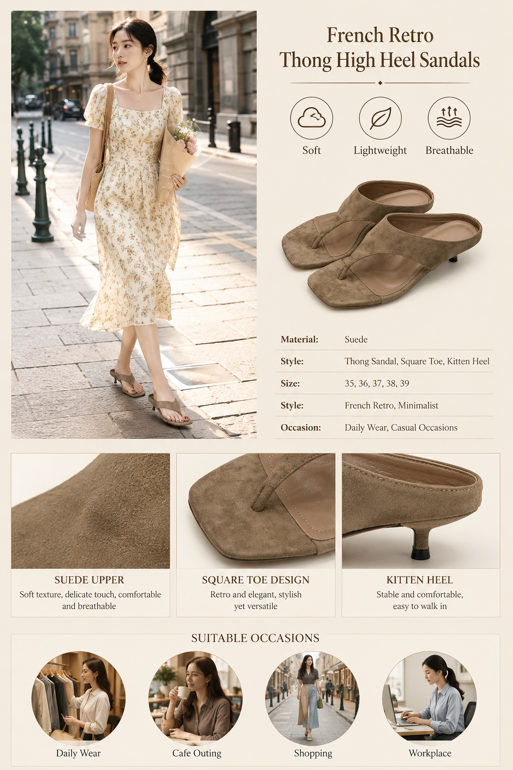 French Retro Kitten Heel Thong Sandals