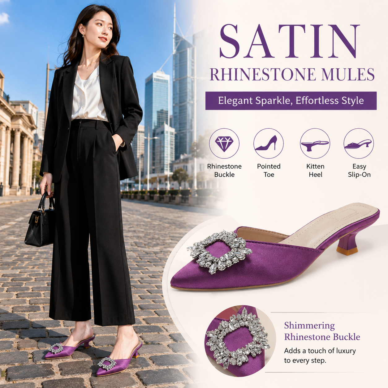 Women's Satin Rhinestone Mule Heels