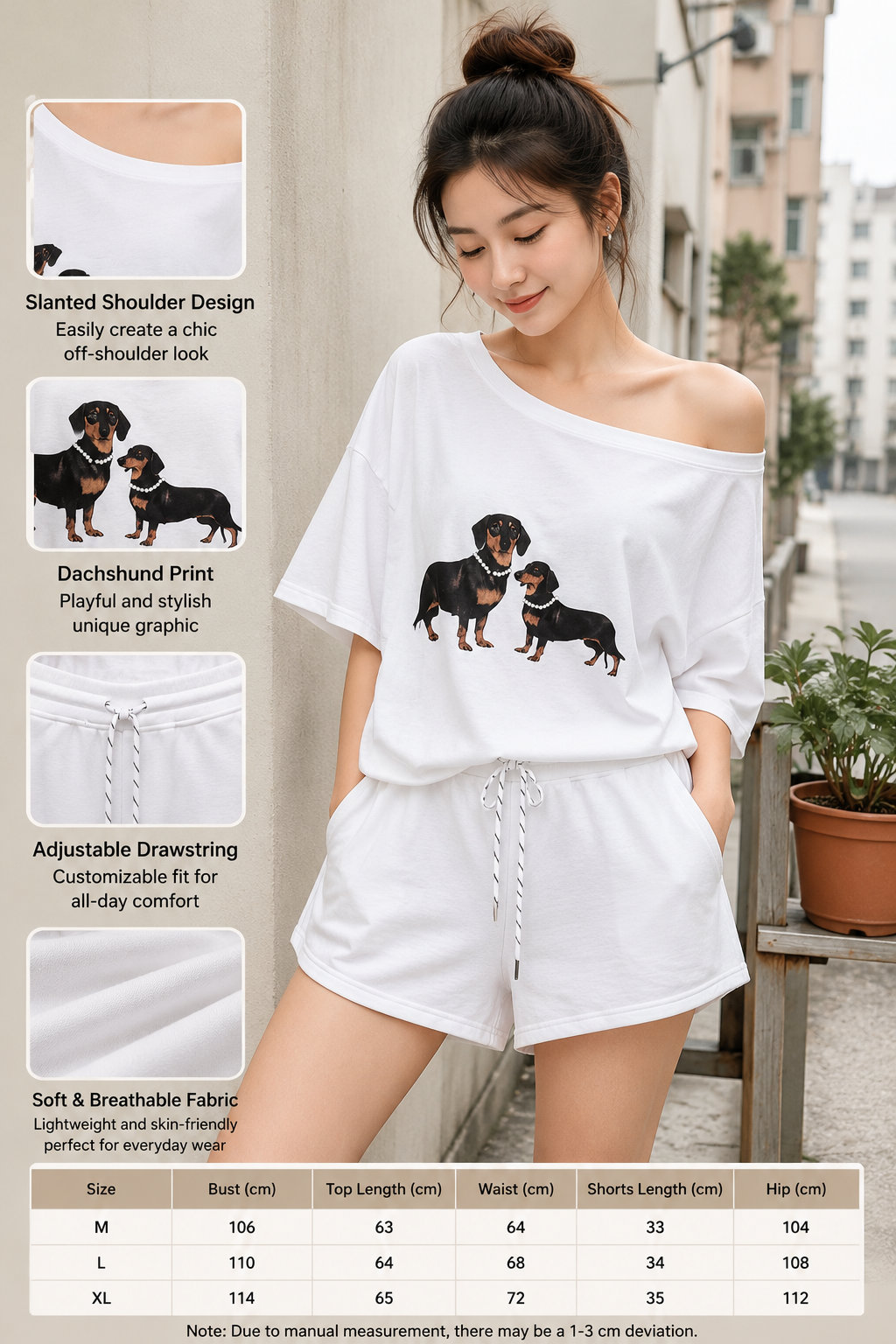 Off-shoulder Dachshund Print 2-Piece Set