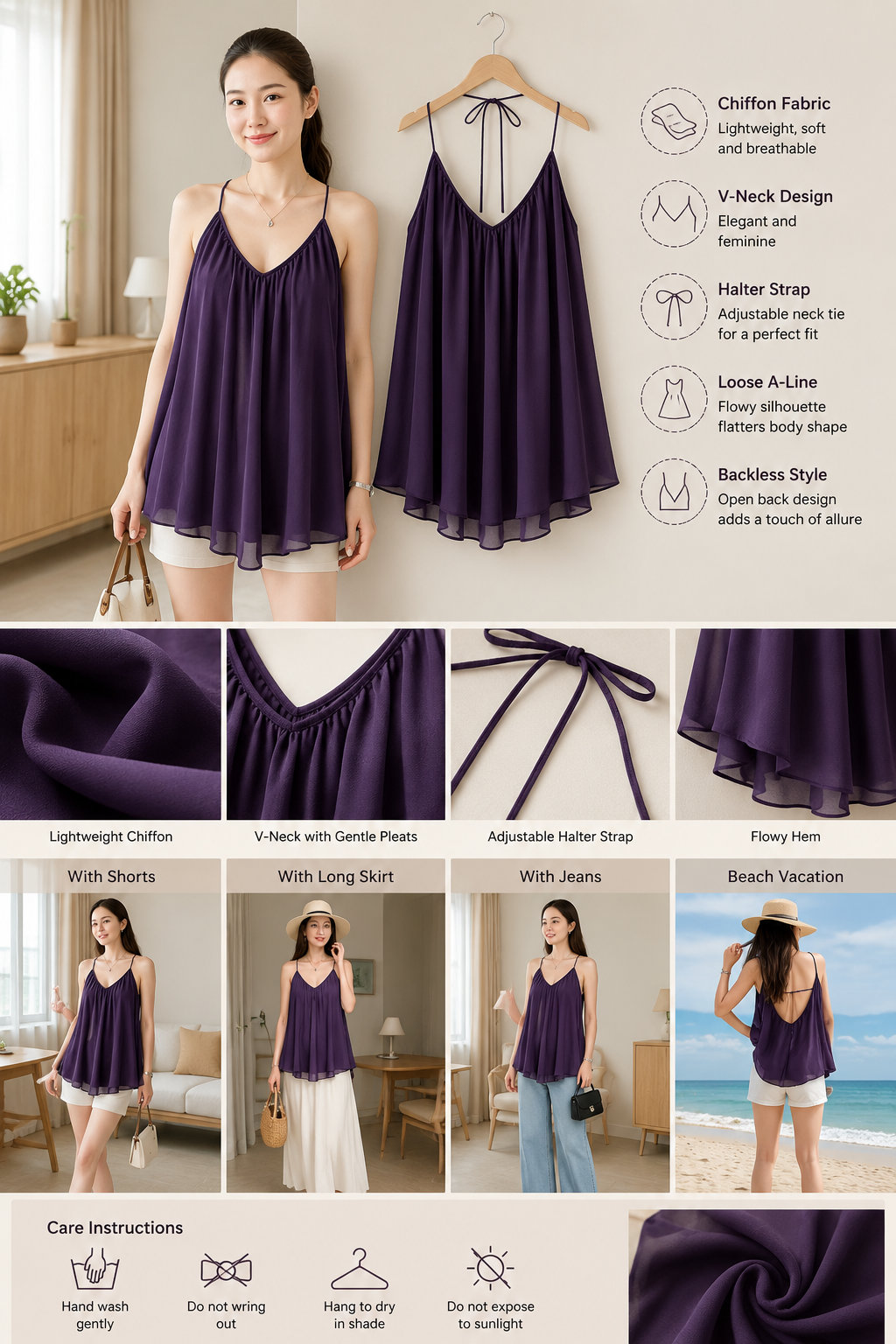 Summer V-neck Chiffon Halter Cami Top