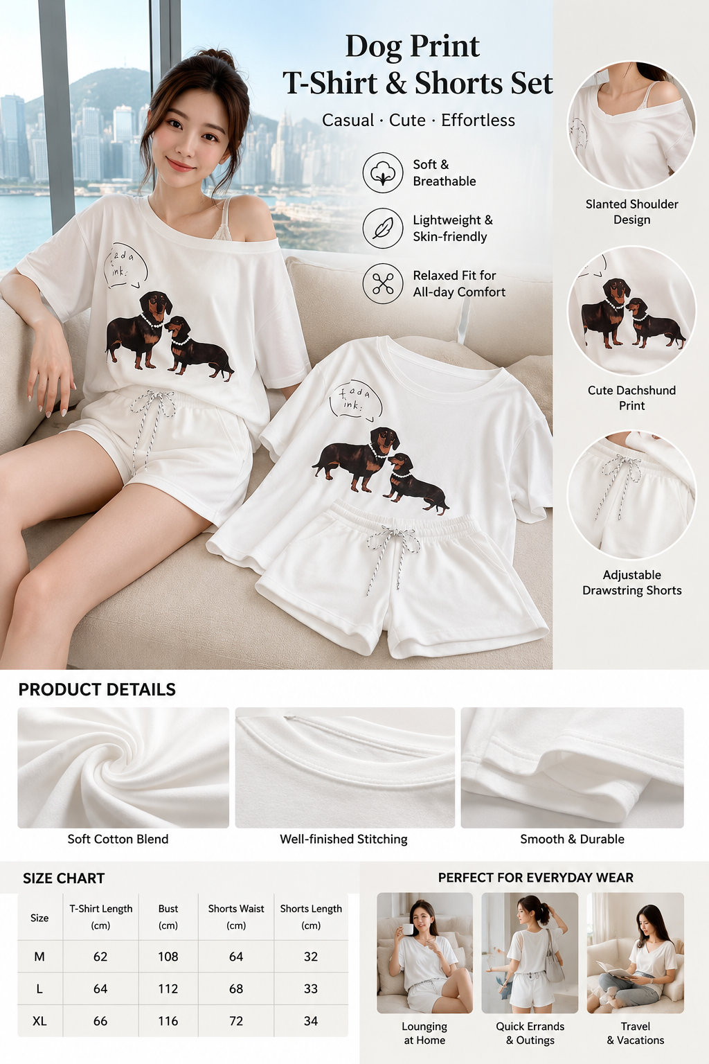 Off-shoulder Dachshund Print 2-Piece Set