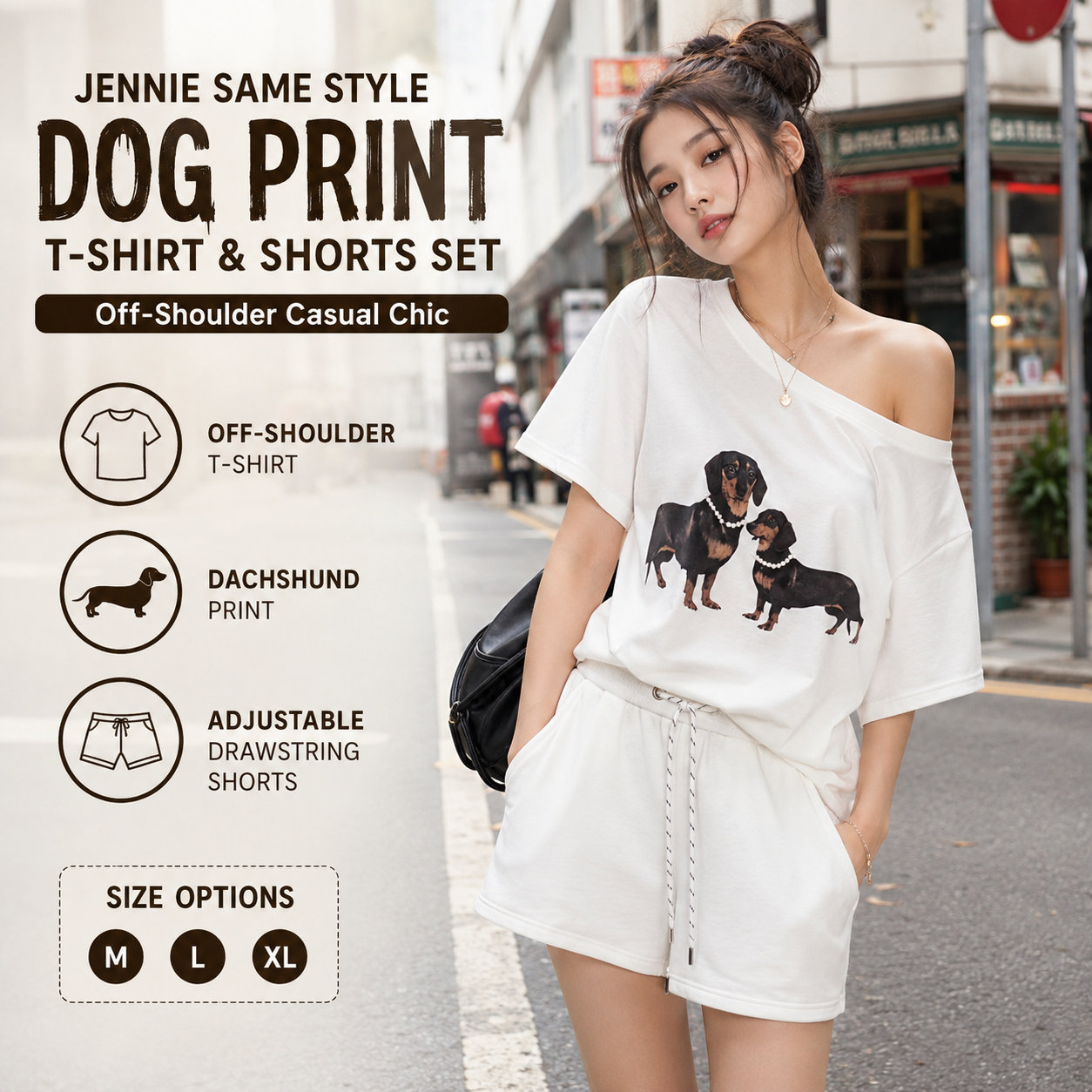 Off-shoulder Dachshund Print 2-Piece Set