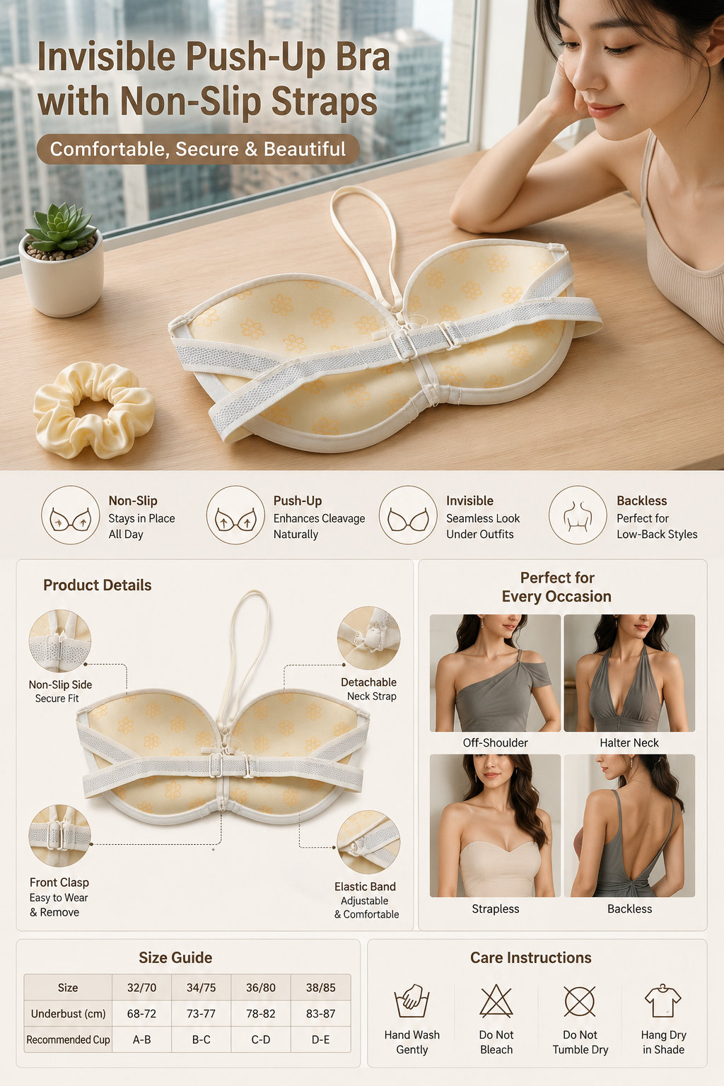 Push-up Strapless Front-close Women's Bra