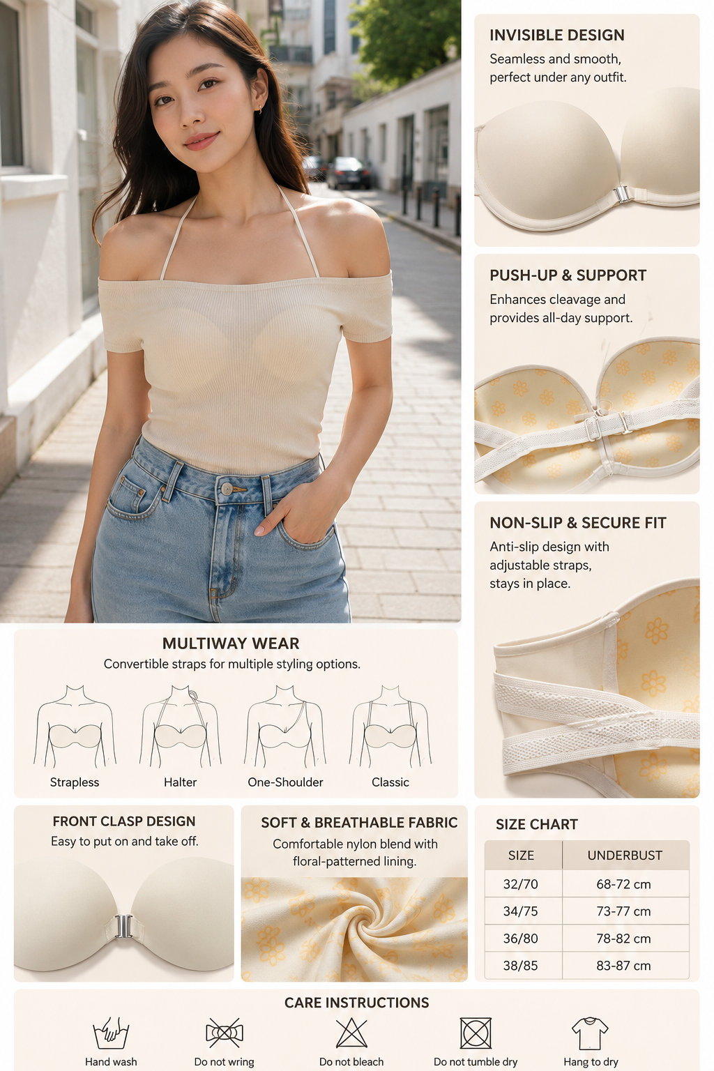Push-up Strapless Front-close Women's Bra