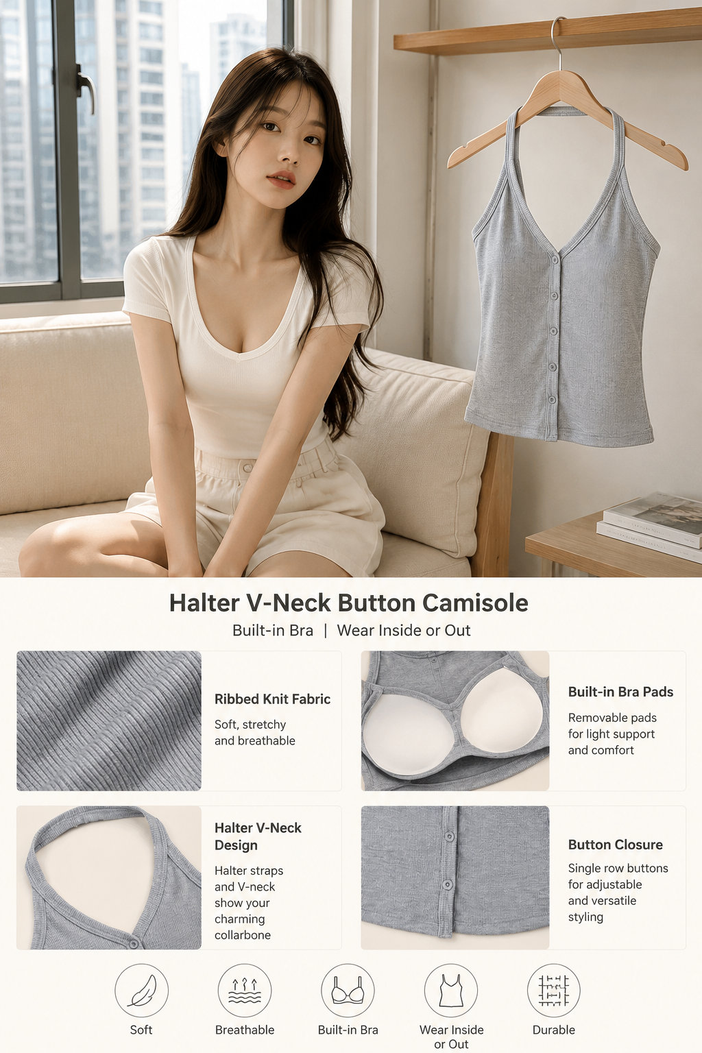 Halter V-neck Built-in Bra Top