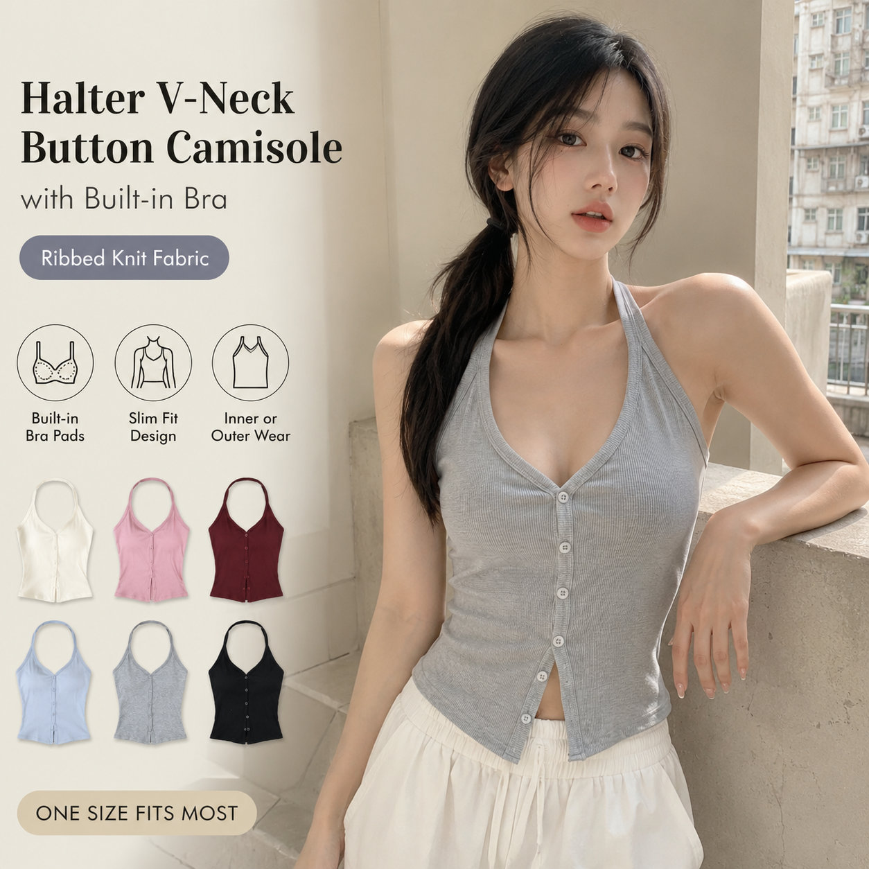 Halter V-neck Built-in Bra Top