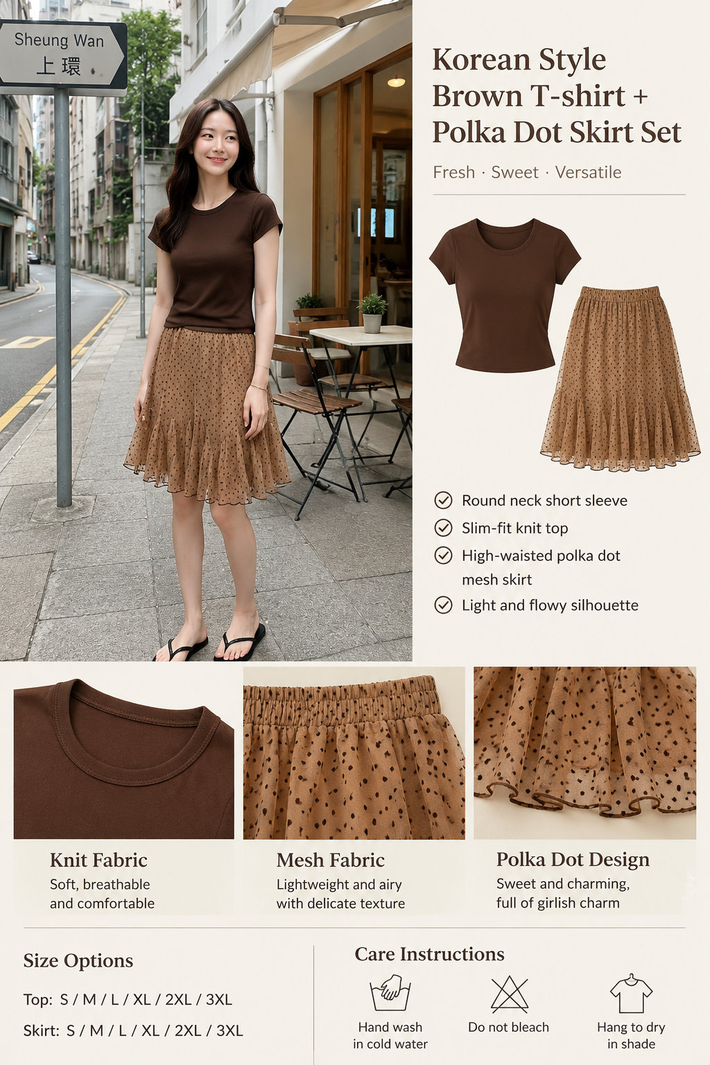 Korean Polka Dot Skirt & Tee 2-Piece Set