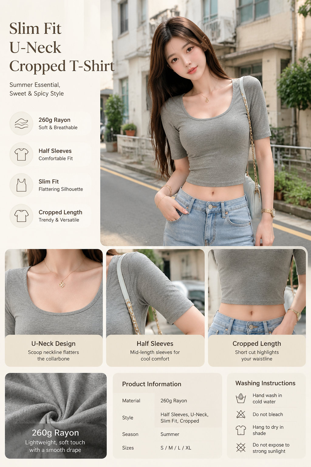 260g Rayon U-neck Summer Tee