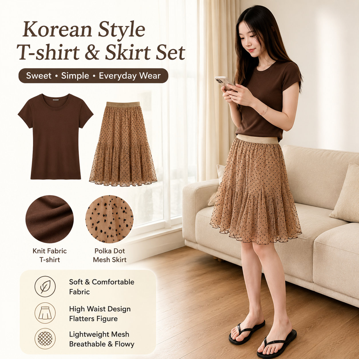 Korean Polka Dot Skirt & Tee 2-Piece Set