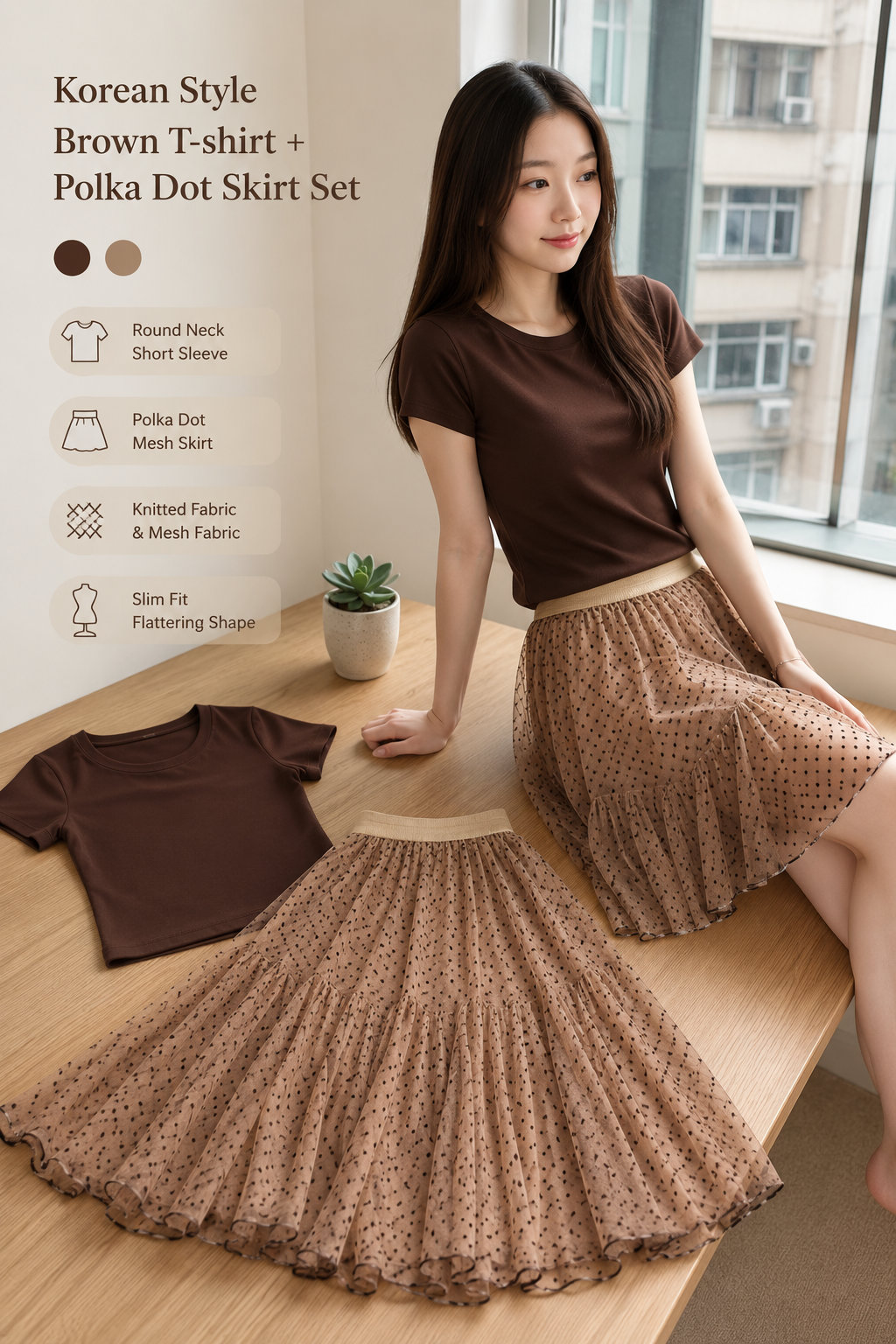 Korean Polka Dot Skirt & Tee 2-Piece Set
