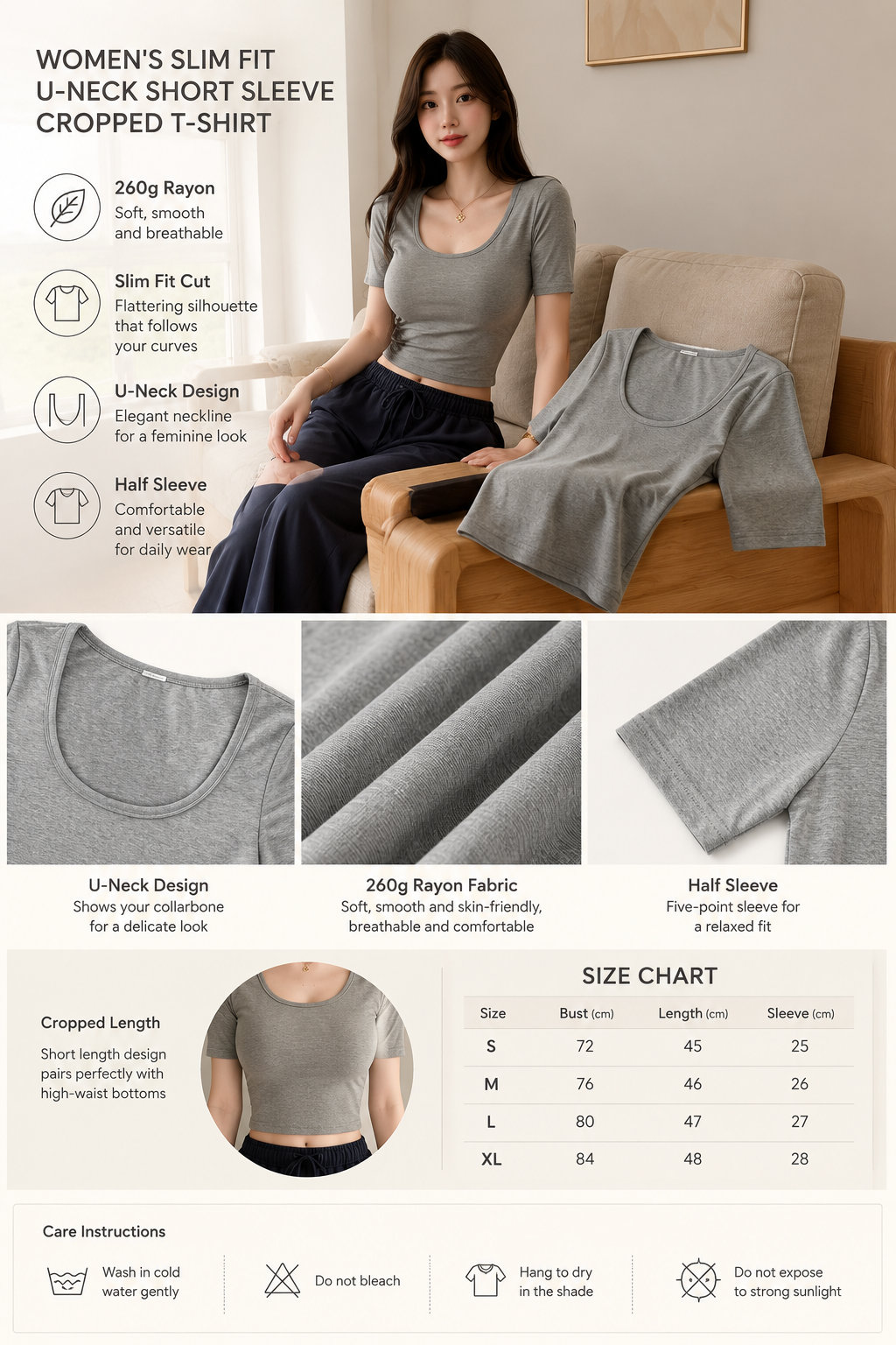 260g Rayon U-neck Summer Tee