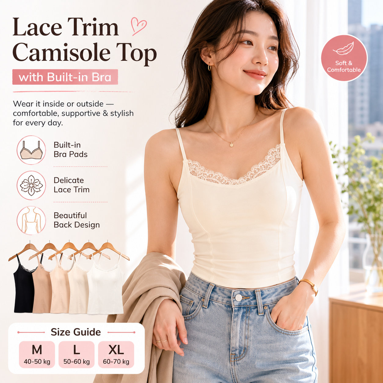 Lace Cami Top with Built-in Bra