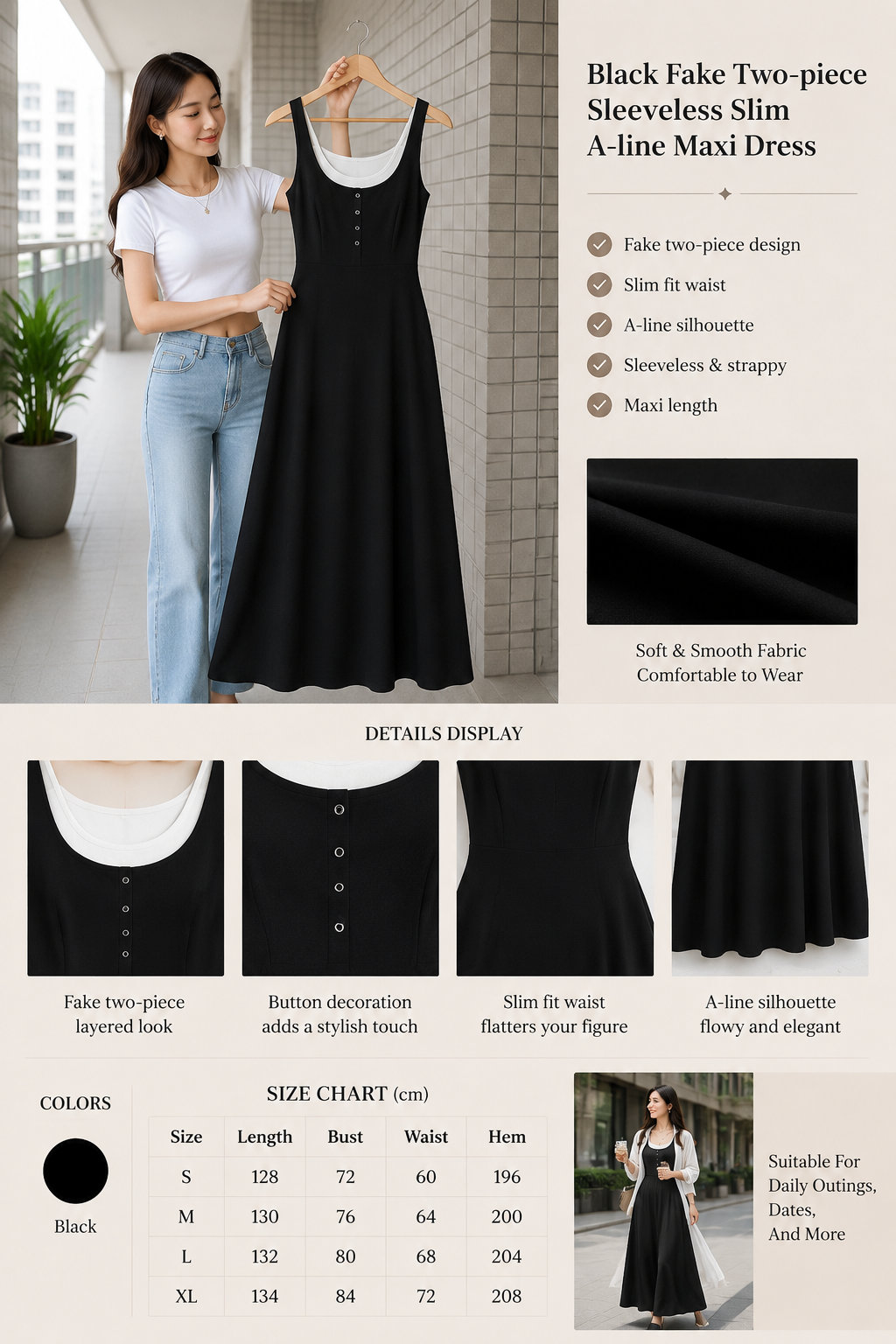 Black 2-in-1 Cami Long Dress