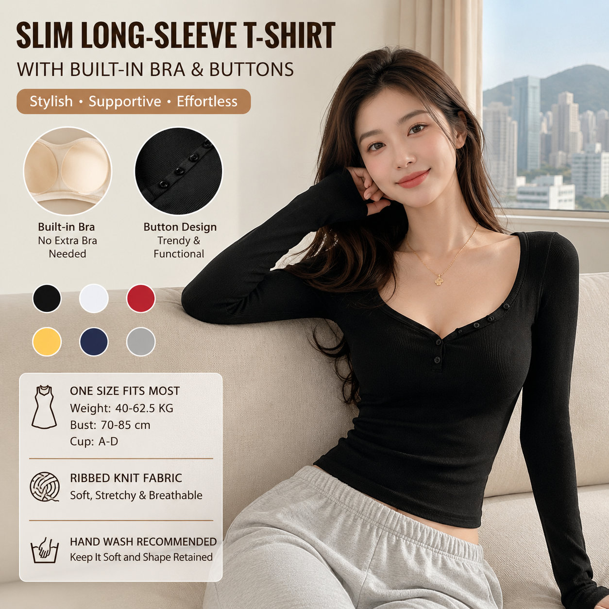 Women's Slim Fit Long Sleeve T-Shirt with Built-in Bra