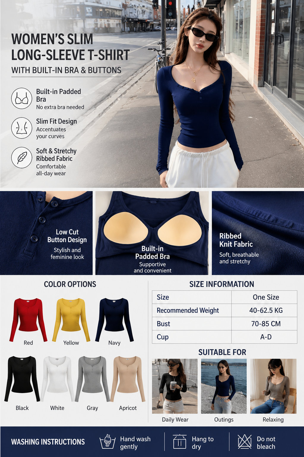 Women's Slim Fit Long Sleeve T-Shirt with Built-in Bra
