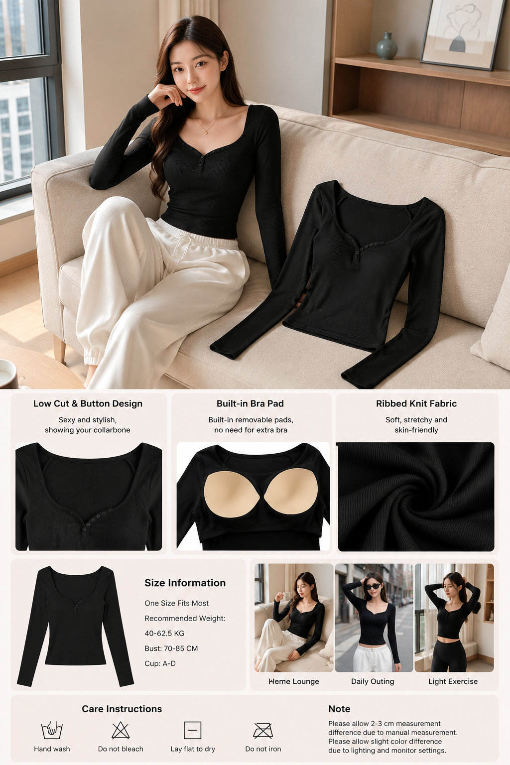 Women's Slim Fit Long Sleeve T-Shirt with Built-in Bra