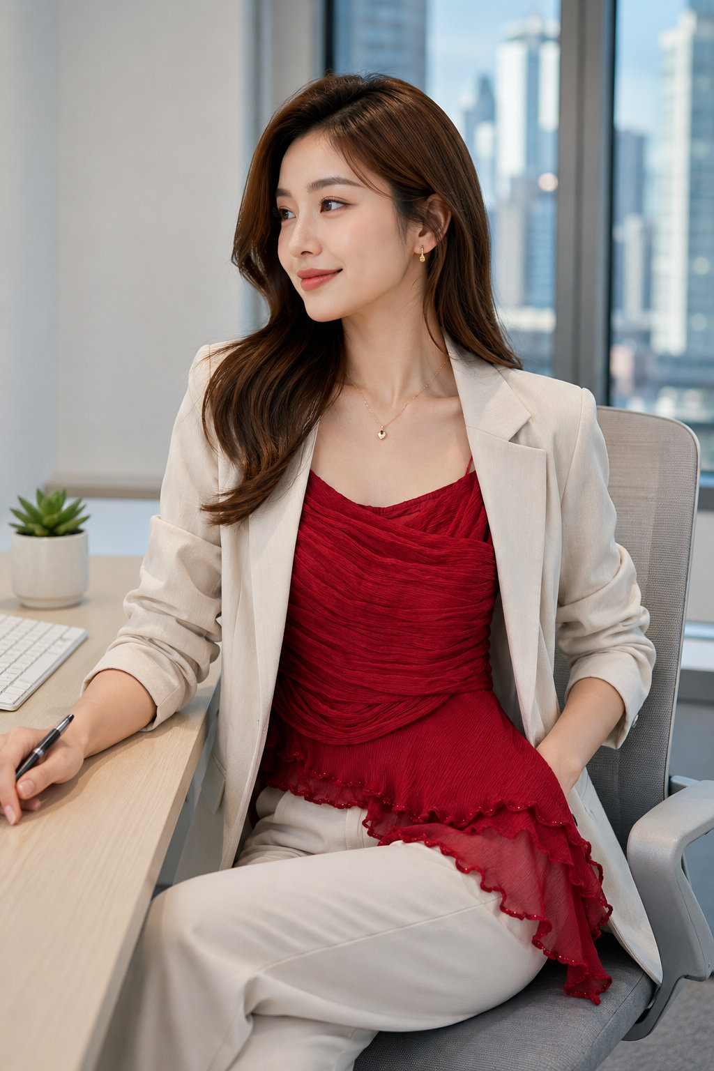 Red Ruffled Waist-cinched Cami Top