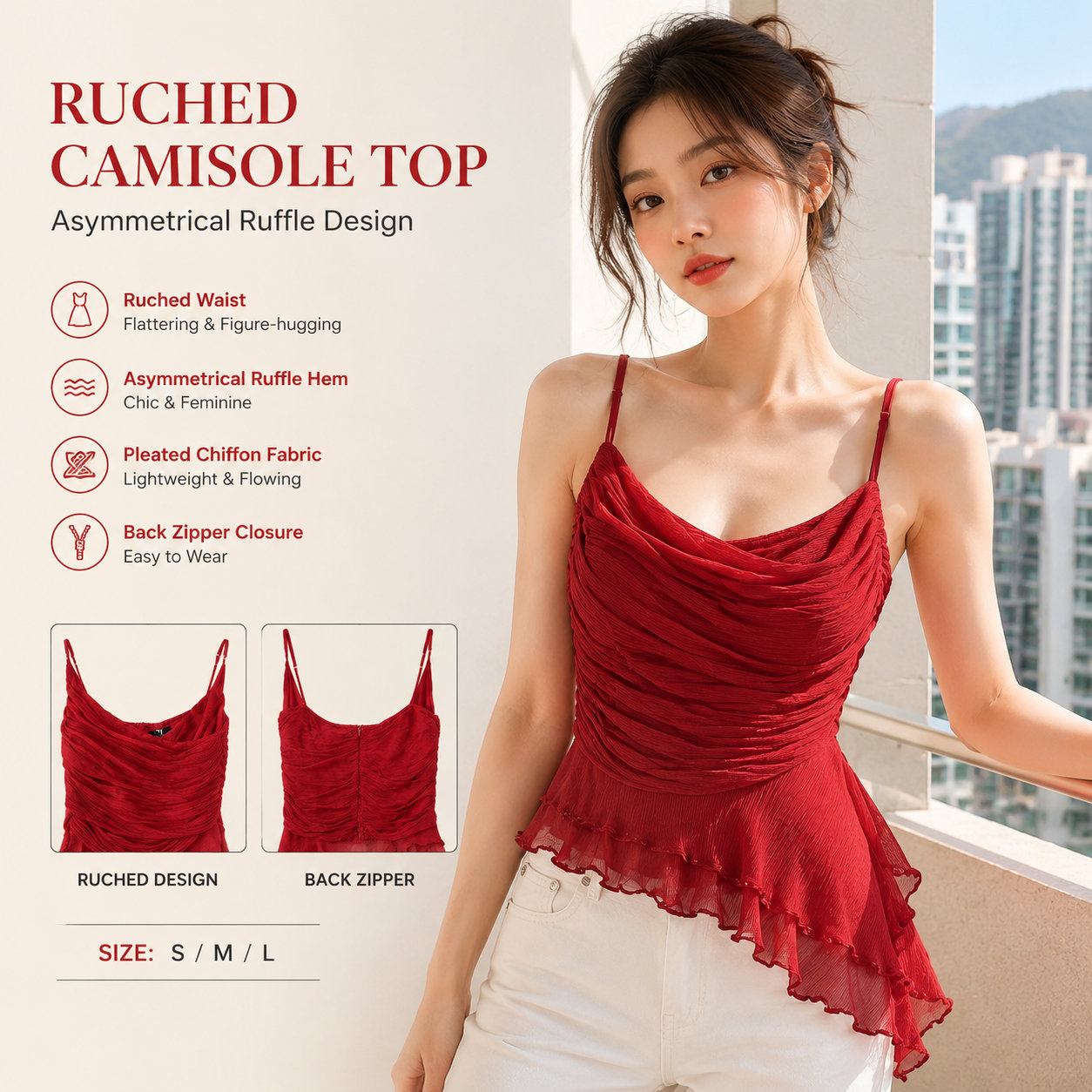 Red Ruffled Waist-cinched Cami Top