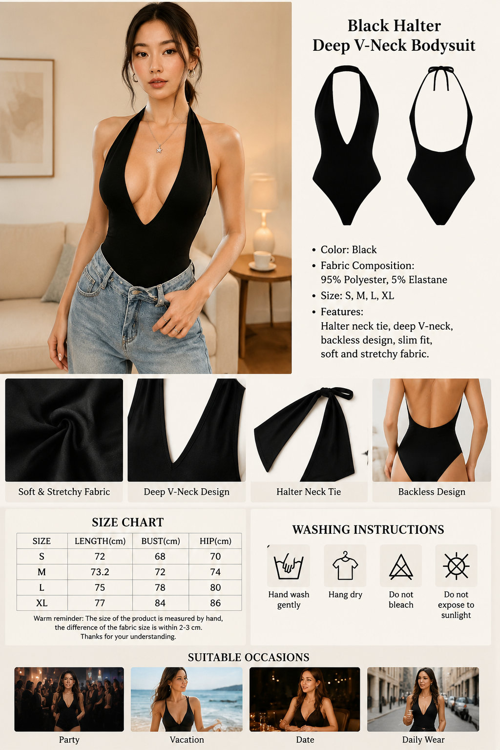 Black Halter Deep V Neck Bodysuit