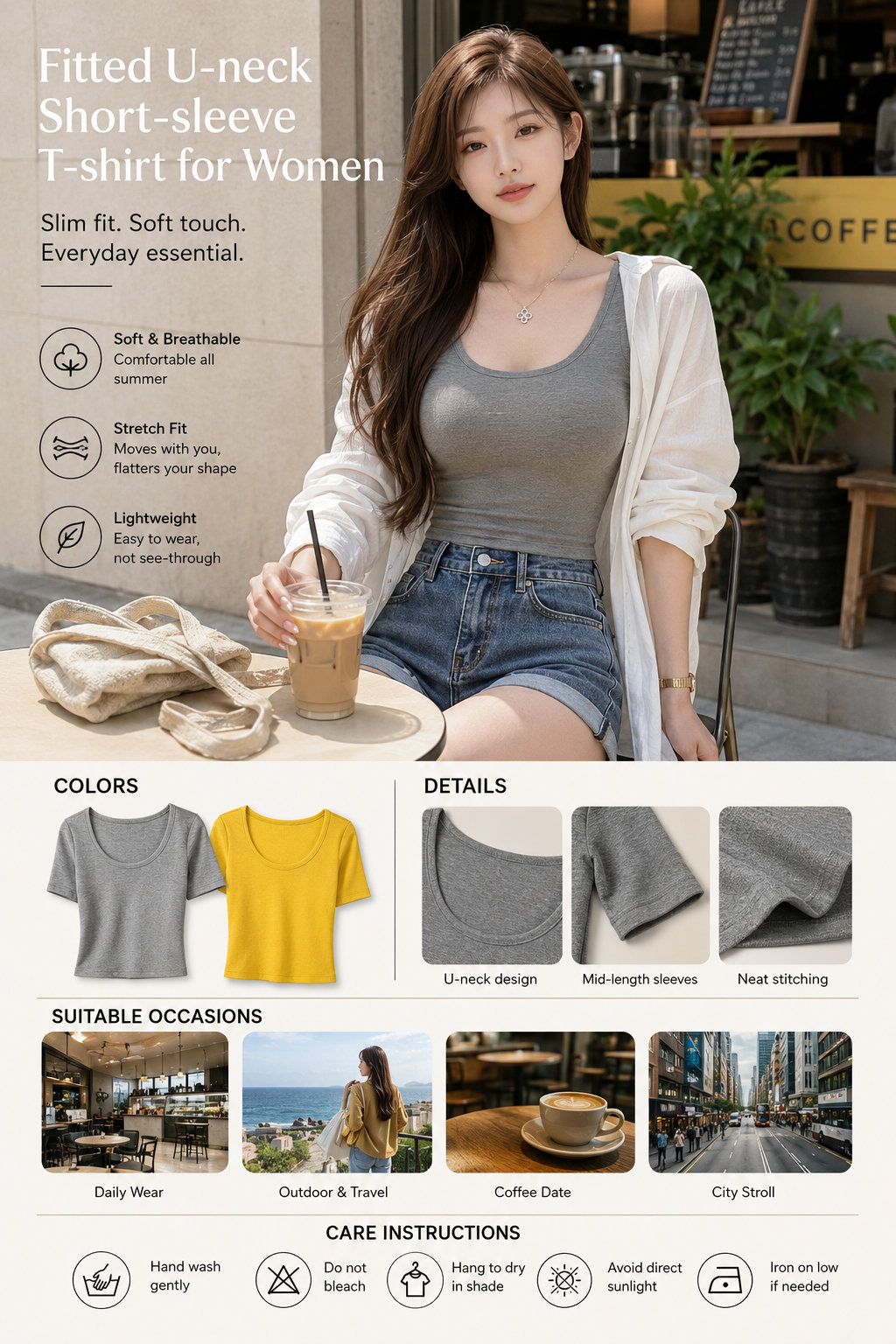 Slim U-Neck Summer Women's Tee