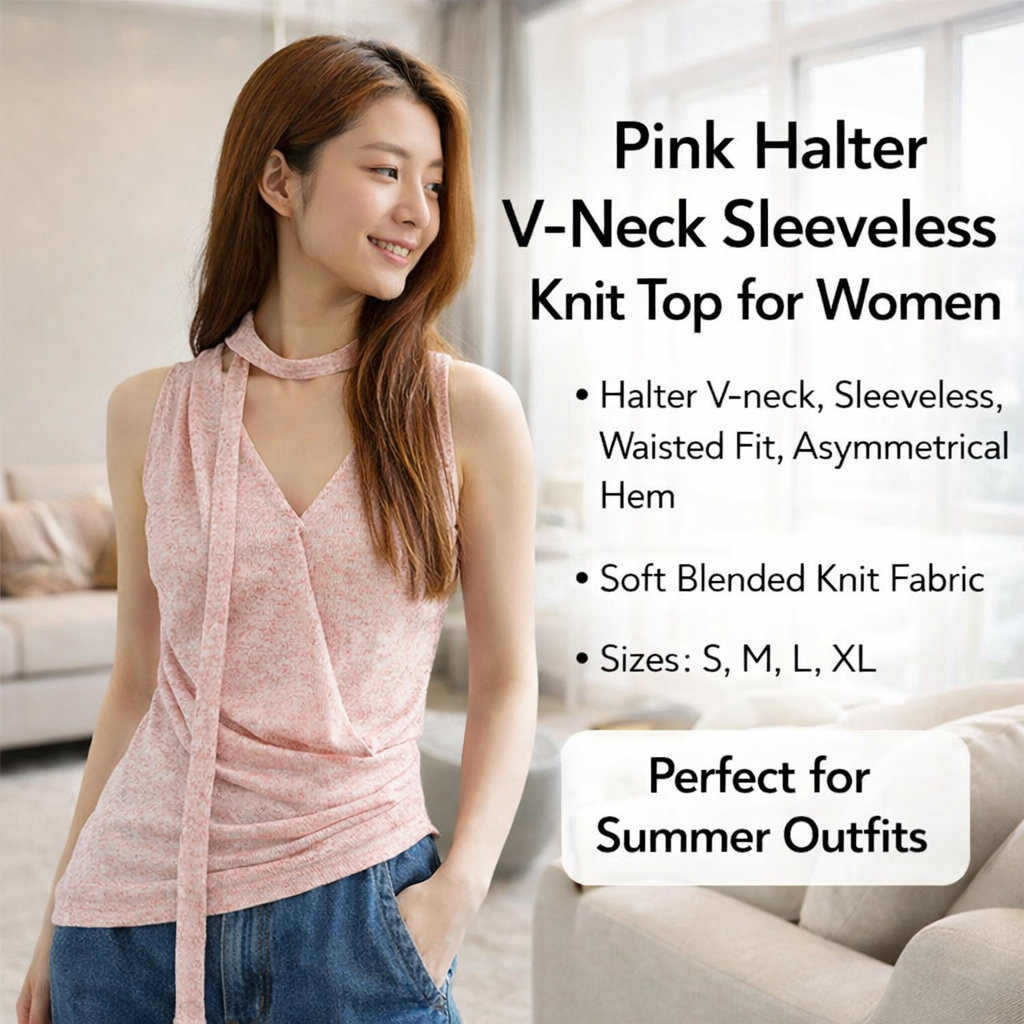 Pink Halter V-Neck Sleeveless Tank Top