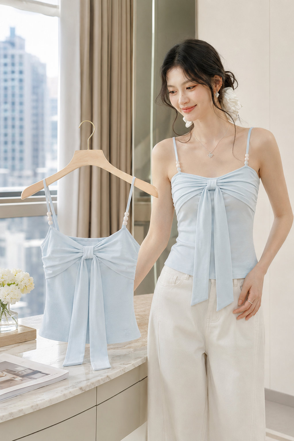 Light Blue Beaded Bow Cami Top
