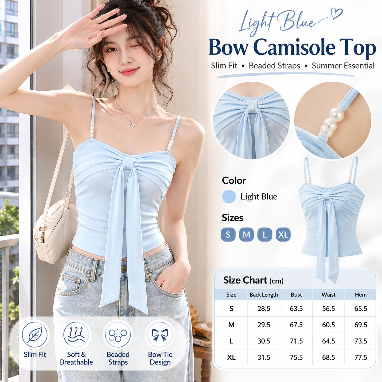 Light Blue Beaded Bow Cami Top