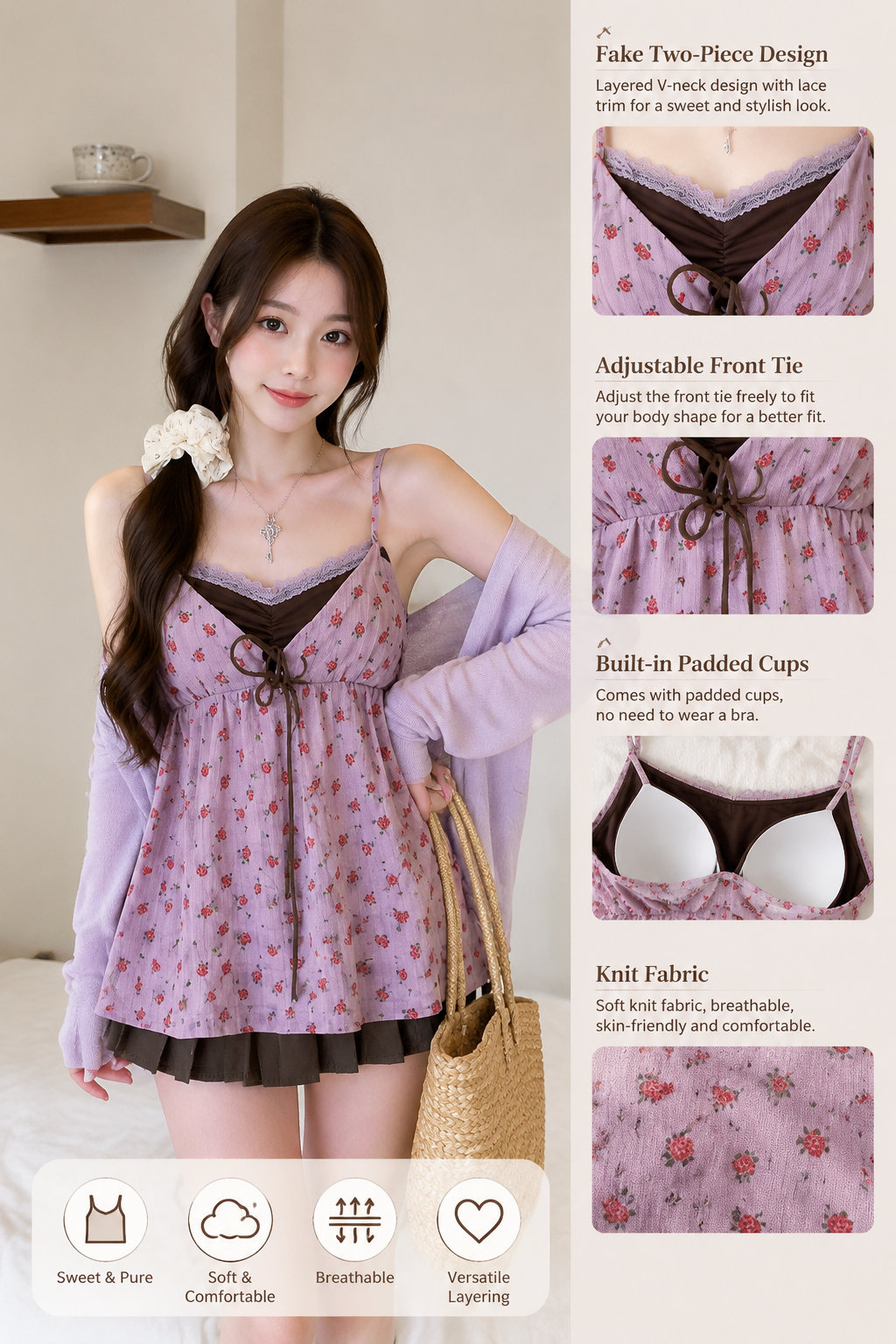 Women's Floral Cami Tank Top with Bra