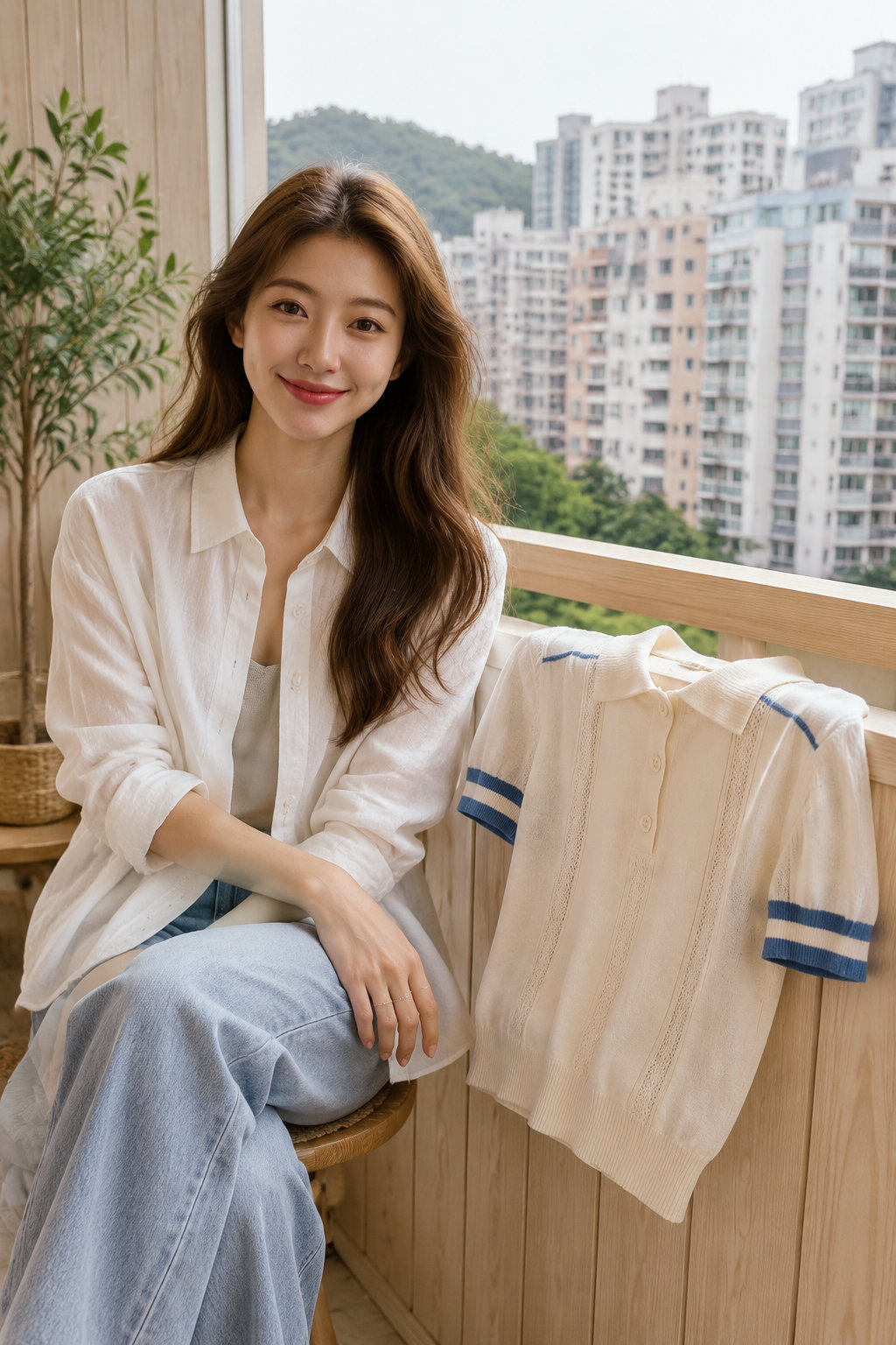 Women's Striped Polo Collar Knit Top