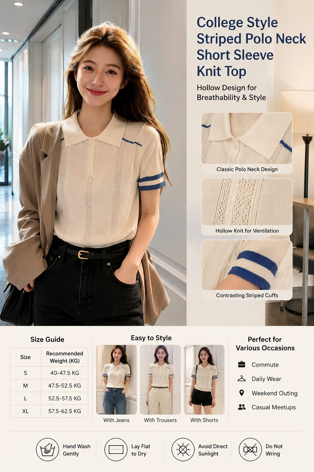 Women's Striped Polo Collar Knit Top
