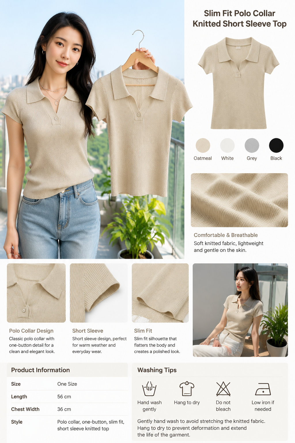 Turn-down Collar One-button Slim Short Sleeve Knit Top