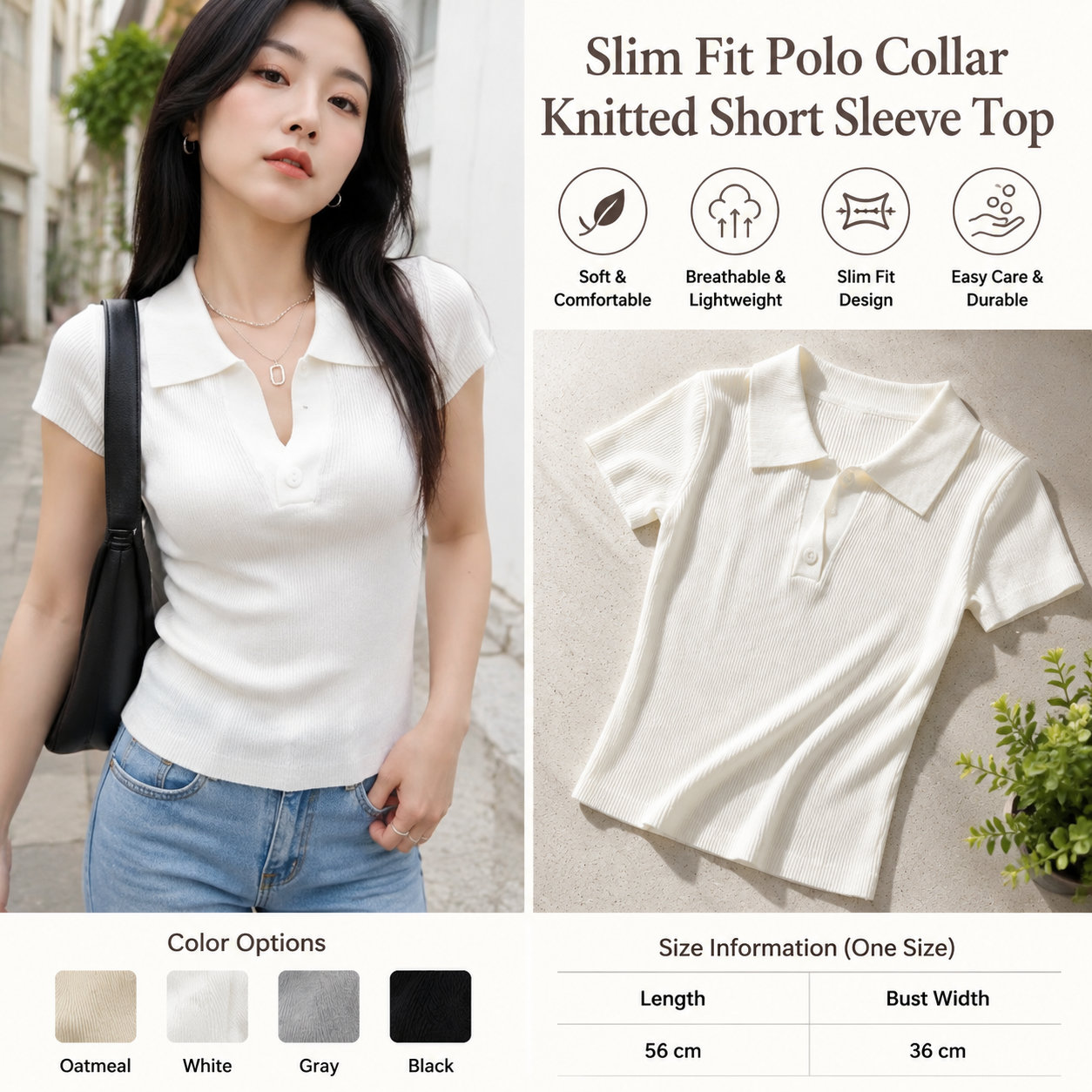 Turn-down Collar One-button Slim Short Sleeve Knit Top