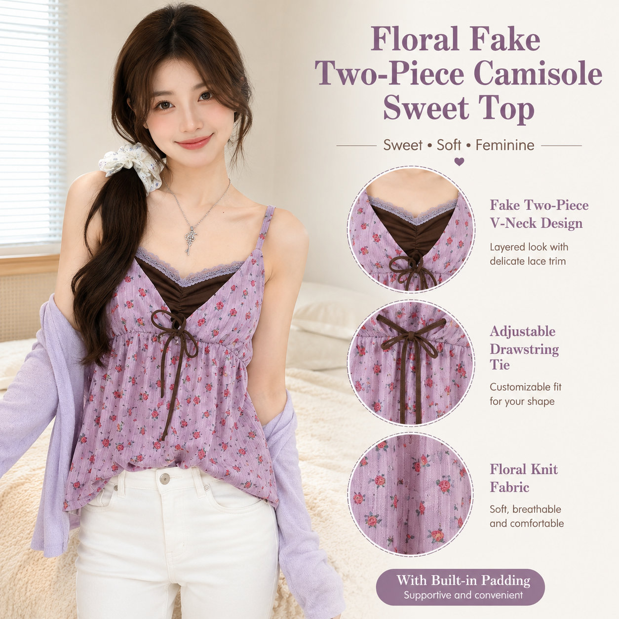 Women's Floral Cami Tank Top with Bra