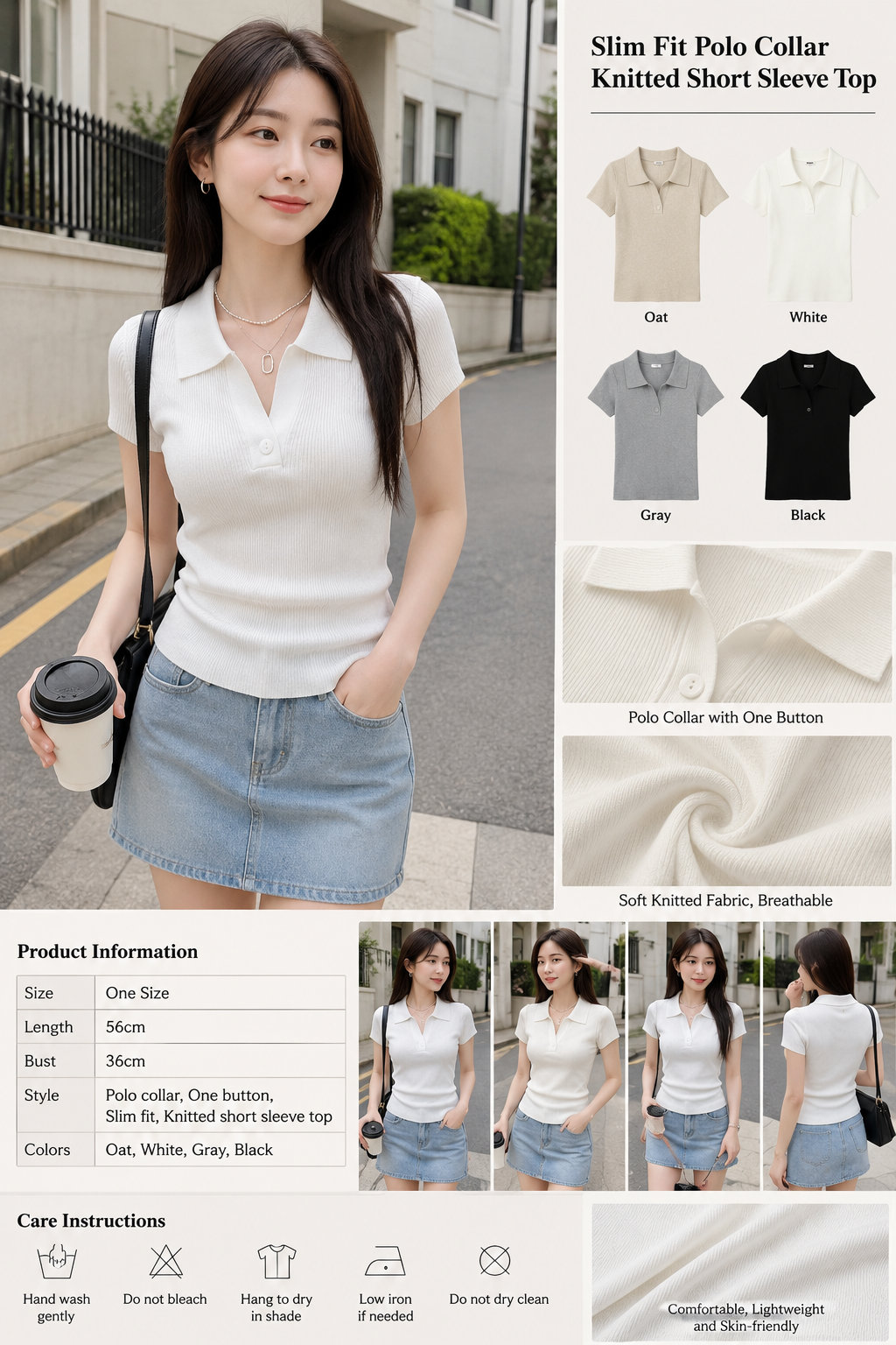 Turn-down Collar One-button Slim Short Sleeve Knit Top