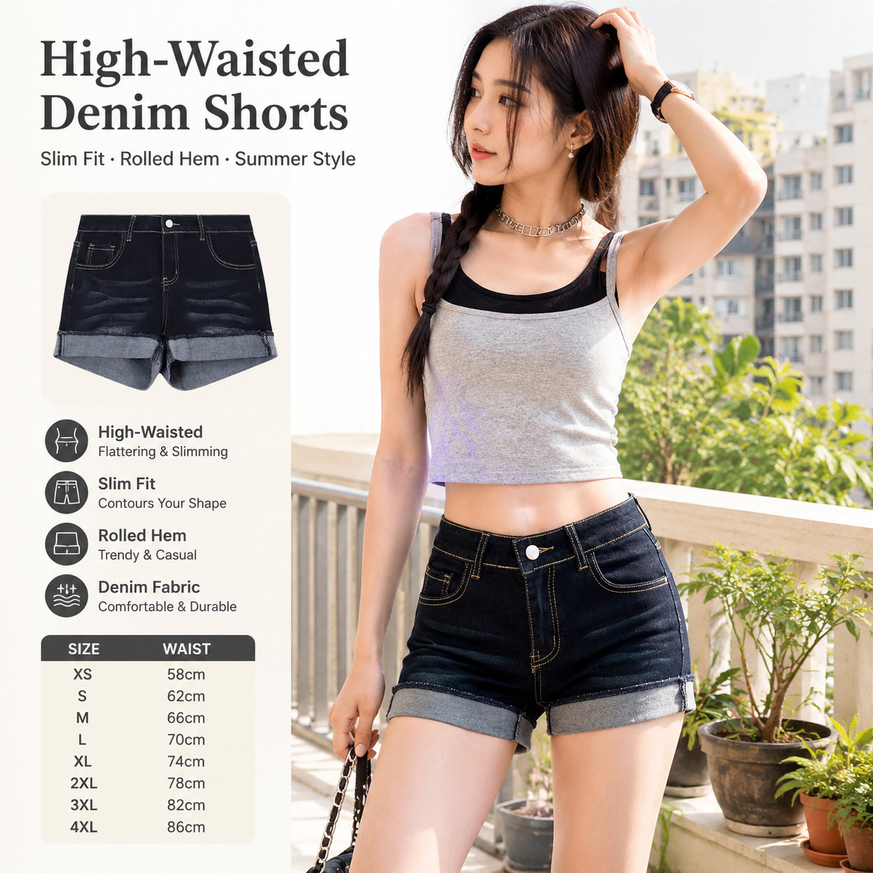 High Waist Slim Dark Blue Denim Shorts