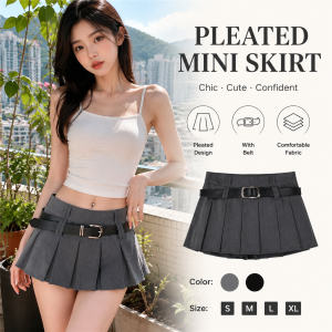 Pleated Mini JK Skirt with Belt for Women