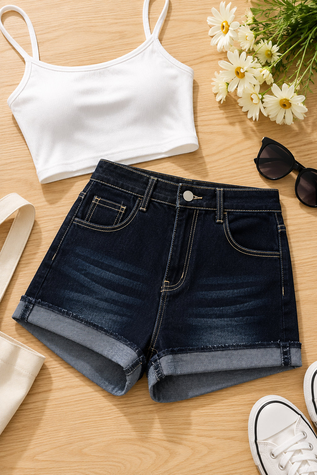 High Waist Slim Dark Blue Denim Shorts