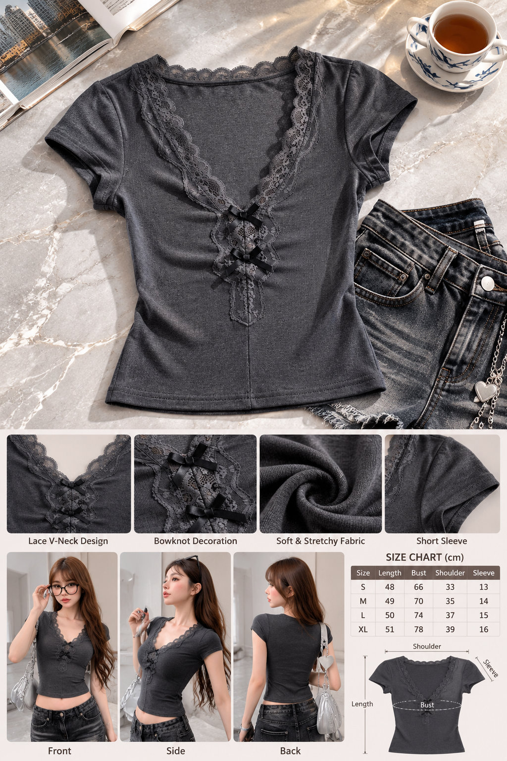 Dark Gray Lace V-neck Slim Tee