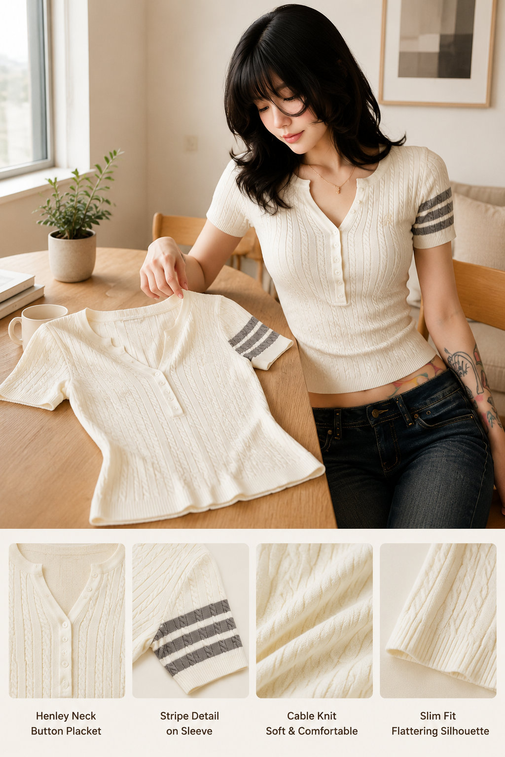Striped Henley Short Sleeve Top