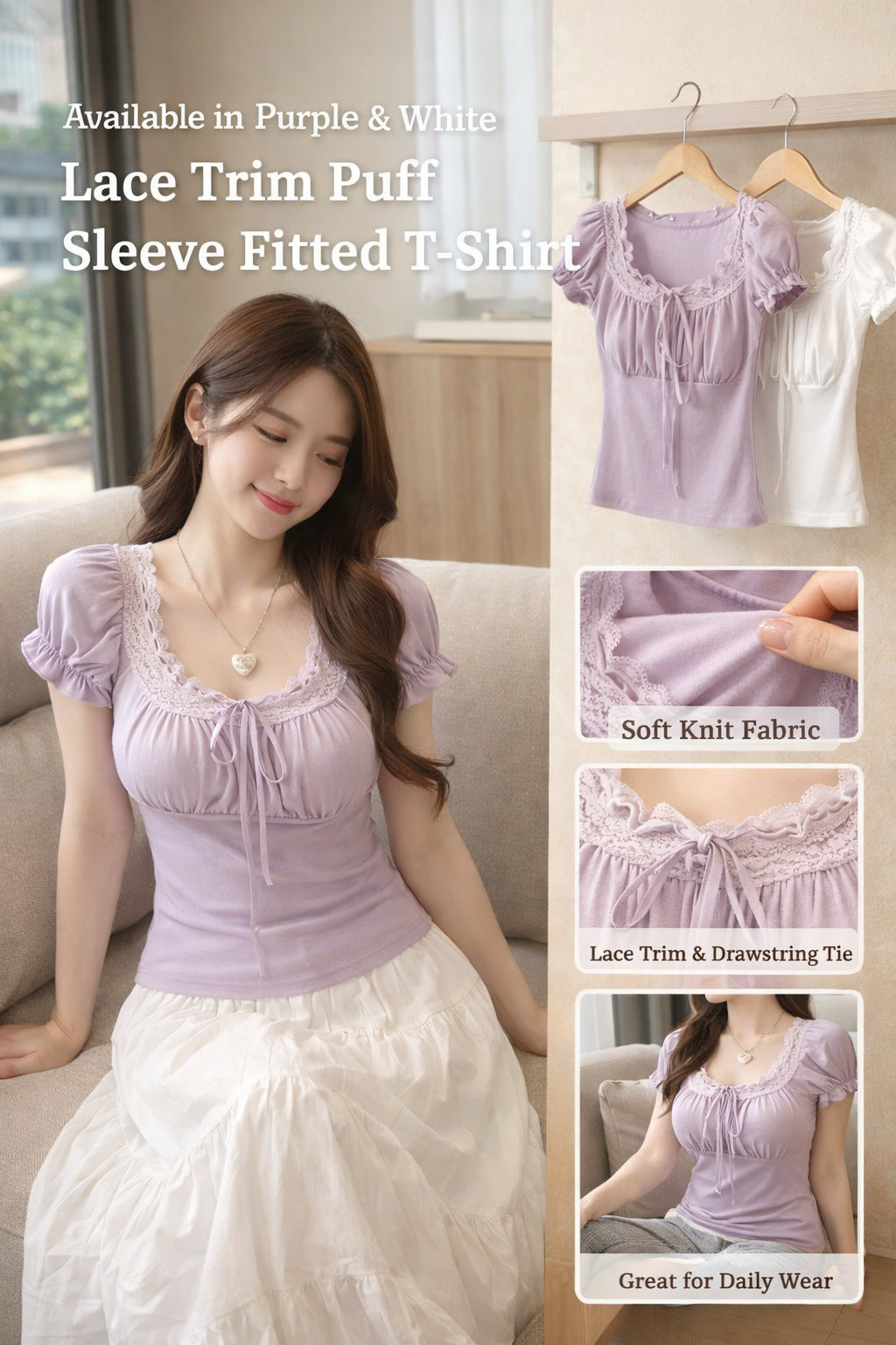 Purple White Lace Square Neck Slim T-Shirt